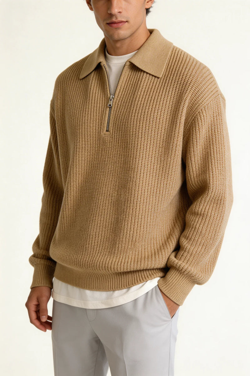 THE RAVENNA RIBBED ZIP KNIT – Khaki